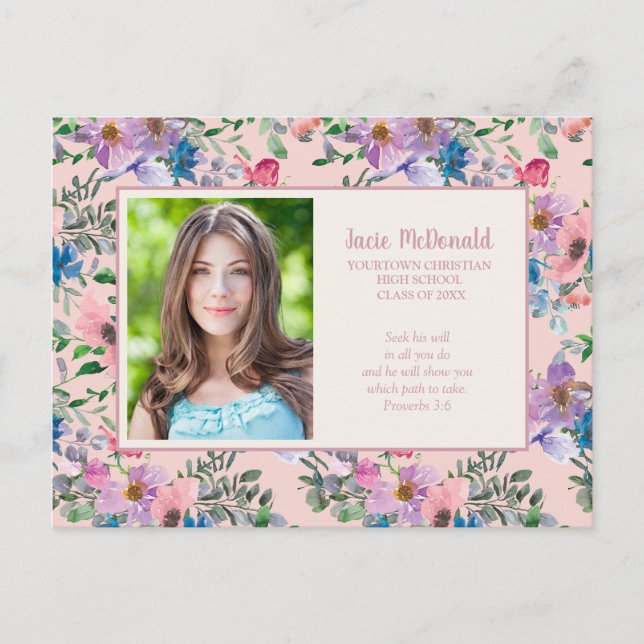 Postal De Anuncios Foto de graduación floral cristiana rosa y púrpura (Anverso)