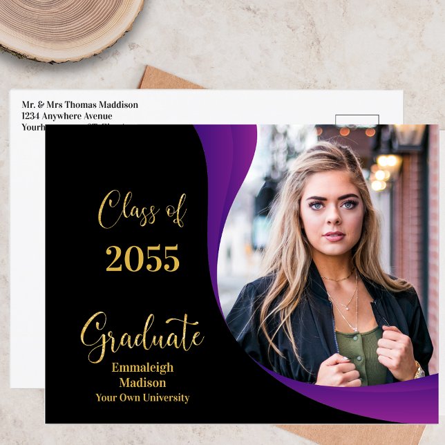 Postal De Anuncios Foto de graduación moderna Black/Purple Wave (Subido por el creador)