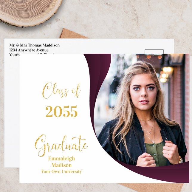 Postal De Anuncios Foto de graduación moderna con onda blanca y grana (Subido por el creador)