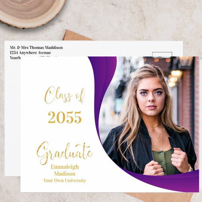 Postal De Anuncios Foto de graduación moderna de onda blanca/púrpura (Subido por el creador)