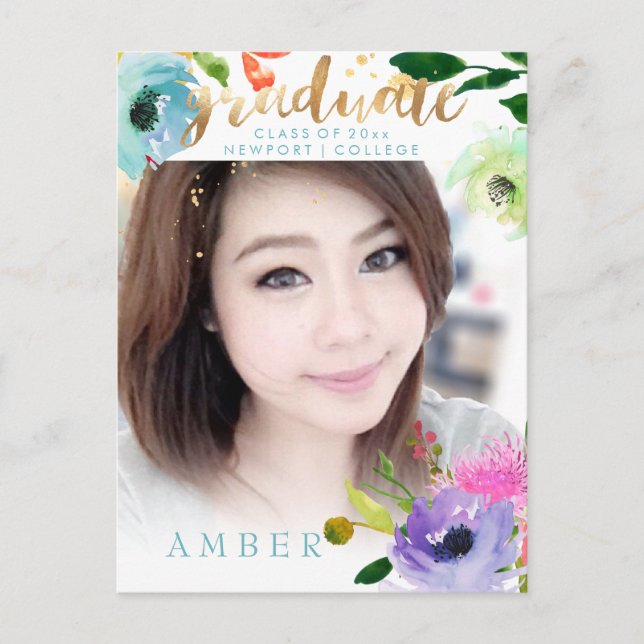 Postal De Anuncios Foto de graduado de PixDezines con acuarela floral (Anverso)