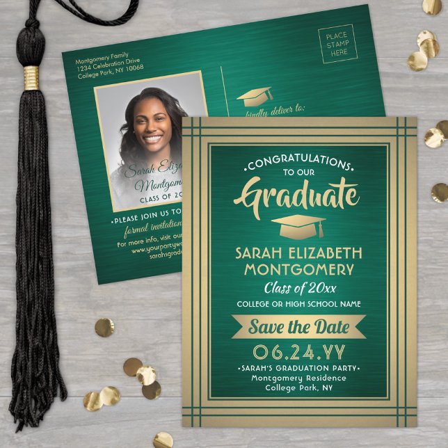 Postal De Anuncios Foto de graduado en Verde y Dorado Guardar la fech (Subido por el creador)