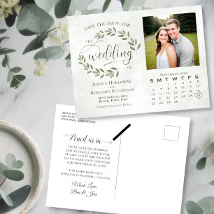 Postal De Anuncios Foto de hojas de salvia y calendario de boda Save 