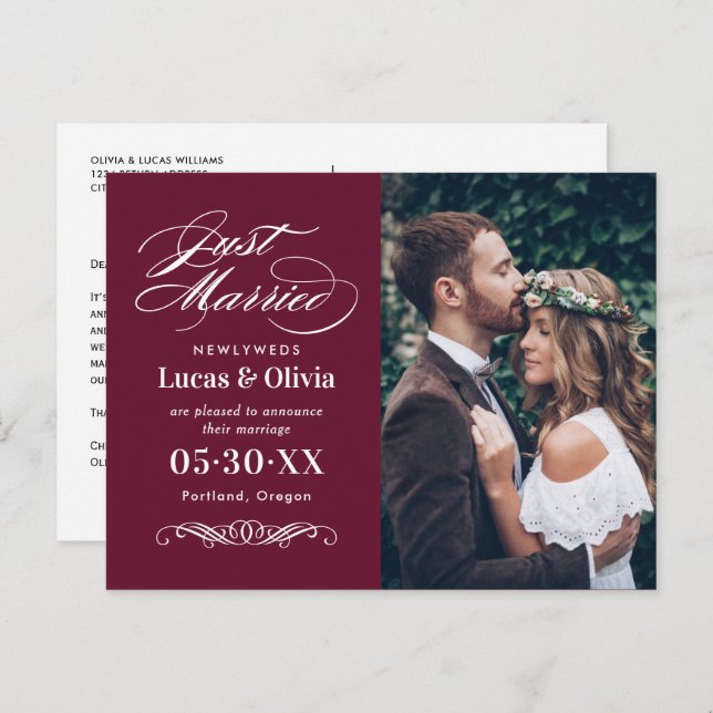 Postal De Anuncios Foto de la boda elegante roja Merlot recién casada (Anverso / Reverso)