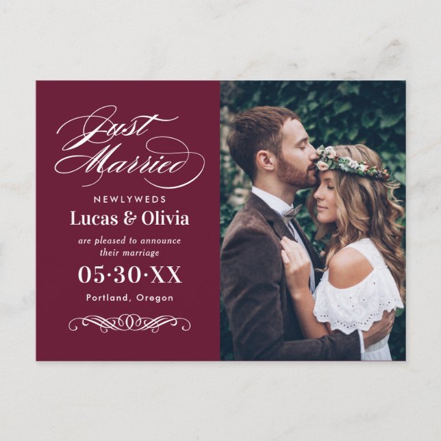 Postal De Anuncios Foto de la boda elegante roja Merlot recién casada (Anverso)