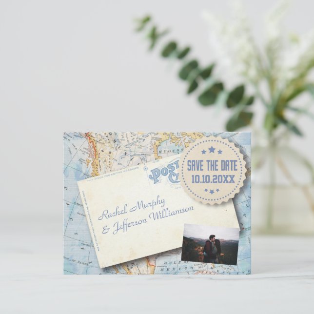 Postal De Anuncios Foto de Mapa Antiguo para Boda Save The Date (Anverso de pie)