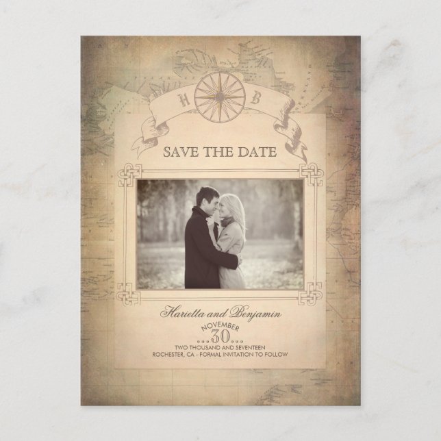 Postal De Anuncios Foto de Mapa Mundial Antiguo Save the Date (Anverso)
