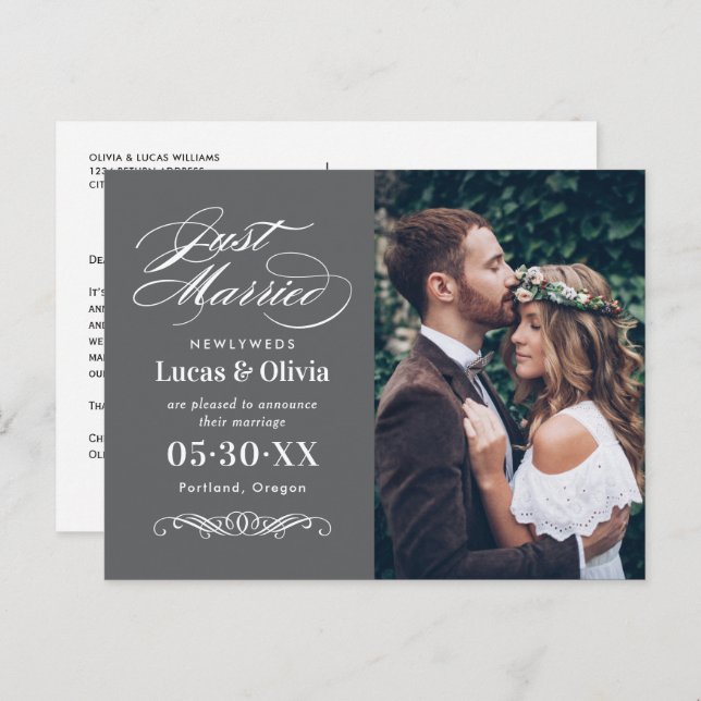 Postal De Anuncios Foto de matrimonio elegante con carbón vegetal rec (Anverso / Reverso)