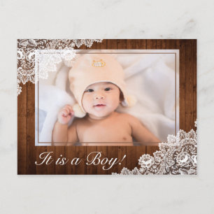 Postal De Anuncios Foto de nacimiento de bebé niño con madera rústica