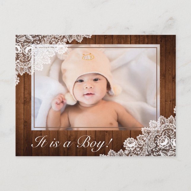 Postal De Anuncios Foto de nacimiento de bebé niño con madera rústica (Anverso)