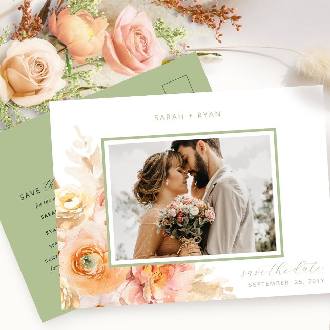 Postal De Anuncios Foto de Peach Rubor y Green Wedding Save the Date (Subido por el creador)
