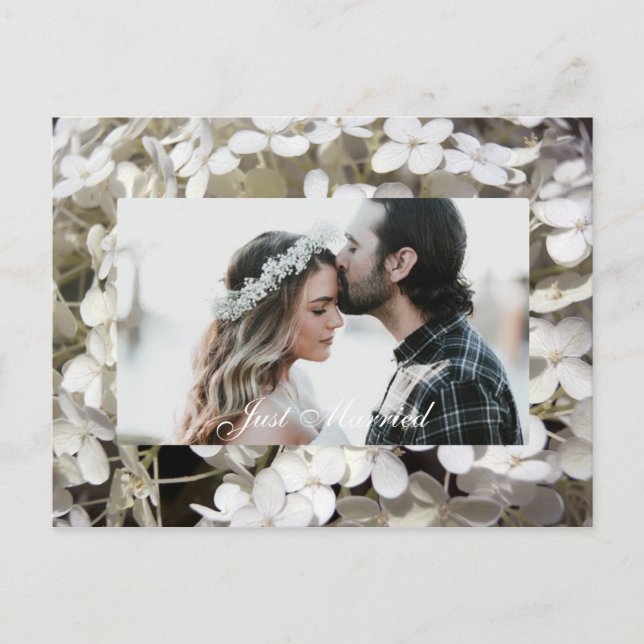 Postal De Anuncios Foto de recién casados con Hortensia Blanca Floral (Anverso)