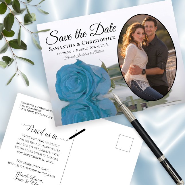 Postal De Anuncios Foto de Rosa Azul Turquesa Boda Guardar la Fecha (Subido por el creador)