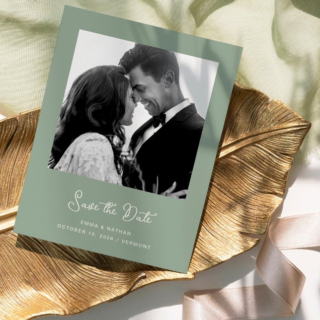 Postal De Anuncios Foto de Sage Green | Código QR Guardar la fecha (An elegant, sage green save the date card with your photo and a QR code)