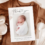 Postal De Anuncios Foto del bebé Gracias por el nacimiento moderno de<br><div class="desc">Esta elegante y elegante tarjeta postal de invitación de la plantilla de natación fotográfica incluye una foto de su bebé recién nacido o chica, un mensaje personalizado que puede ser personalizado, texto tipográfico con letras a mano que dice "Gracias" con un corazón entre las palabras. Añada el nombre del recién...</div>