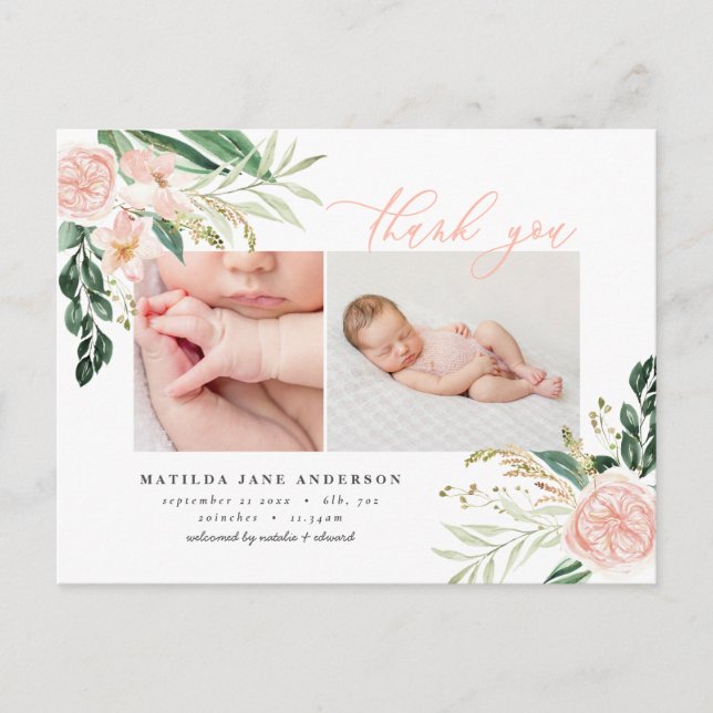 Postal De Anuncios Foto elegante floral rosa gracias nacimiento (Anverso)