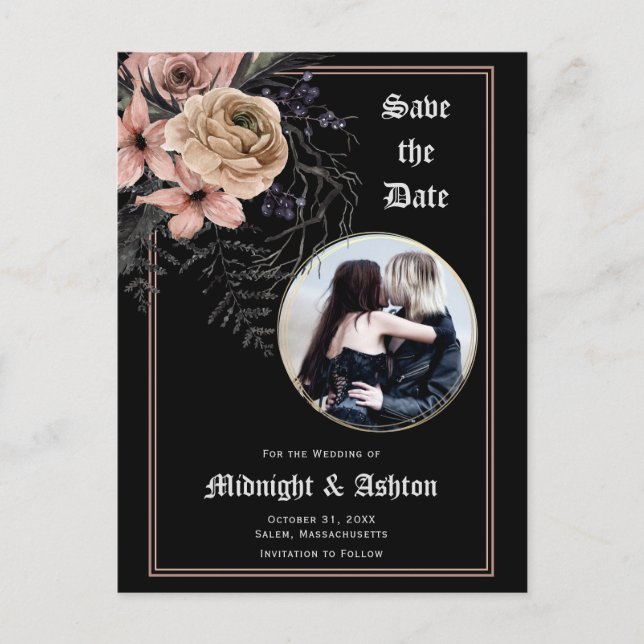 Postal De Anuncios Foto Gothic Moody Floral Guardar la fecha (Anverso)