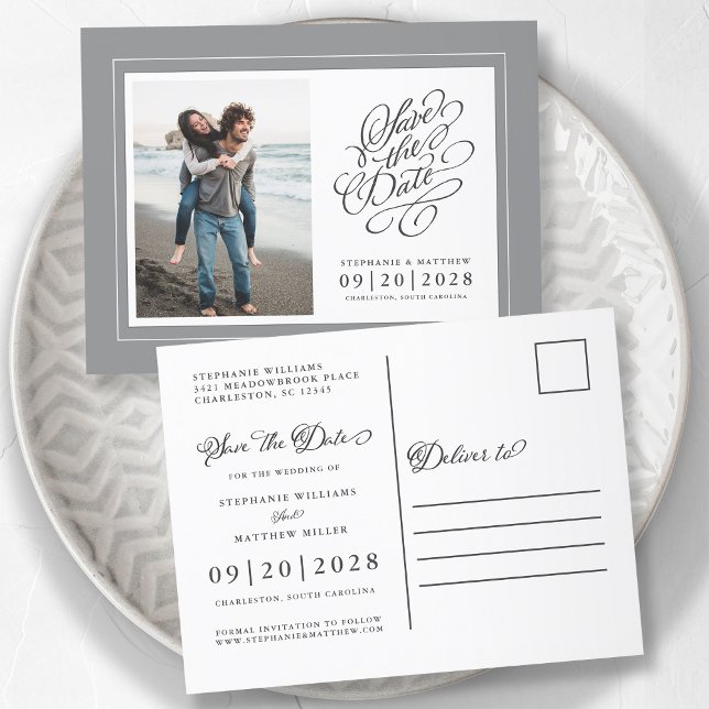 Postal De Anuncios Foto guardar fecha boda elegante gris y blanco (Subido por el creador)