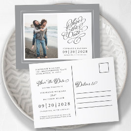 Postal De Anuncios Foto Guardar Fecha Gris y Blanco Boda Elegante