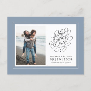 Postal De Anuncios Foto Guardar Fecha Polvo Azul Elegante Boda