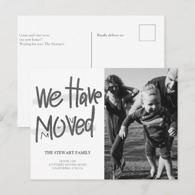 Postal De Anuncios Foto manuscrita moderna que nos hemos mudado (Anverso / Reverso)