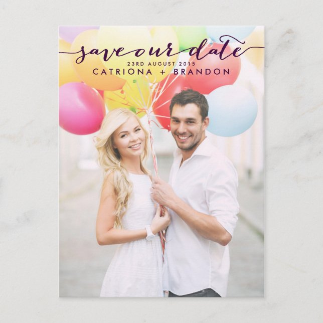 Postal De Anuncios Foto manuscrita púrpura Guardar nuestra fecha (Anverso)