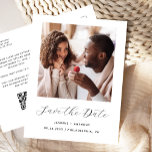 Postal De Anuncios Foto mínima Código QR blanco negro Guardar la fech<br><div class="desc">Esta simple y minimalista postal Save the Date muestra una foto cuadrada encima de las palabras "Save the Date" en un elegante guión de escritura a mano en negro, seguido por los nombres de la pareja, la fecha boda y la ciudad en letra sans serif en un fondo blanco. Agregue...</div>