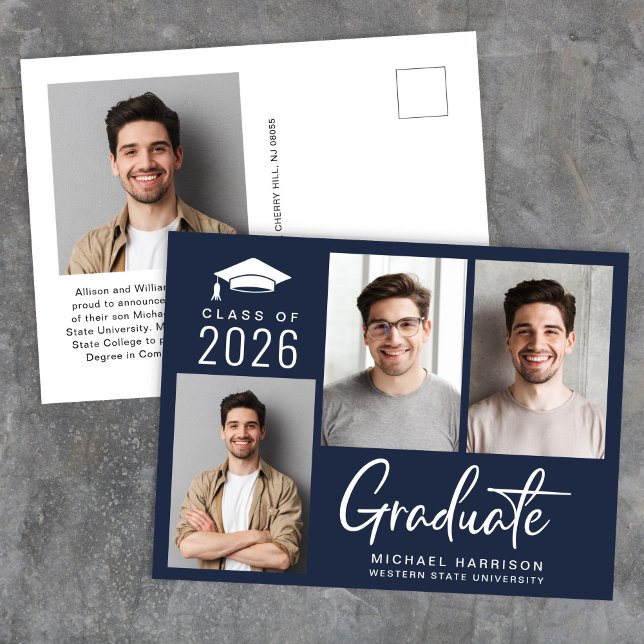 Postal De Anuncios Foto moderna negrita guión azul Graduación (Modern Photo Bold Script Blue Graduation Announcement Postcard)