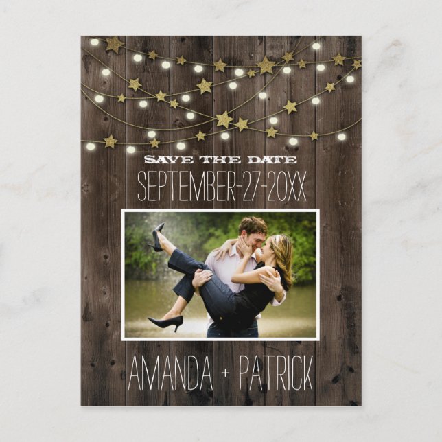 Postal De Anuncios Foto Rustic Barn Wood Wedding Save The Date Cards (Anverso)
