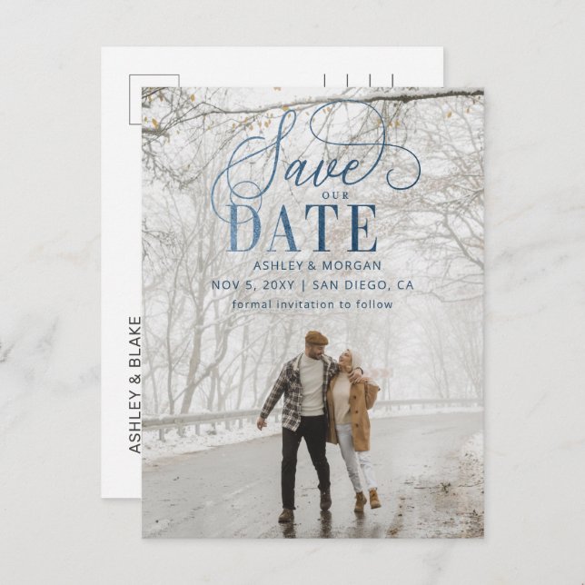 Postal De Anuncios Foto Rustic Blue Script Save the Date (Anverso / Reverso)