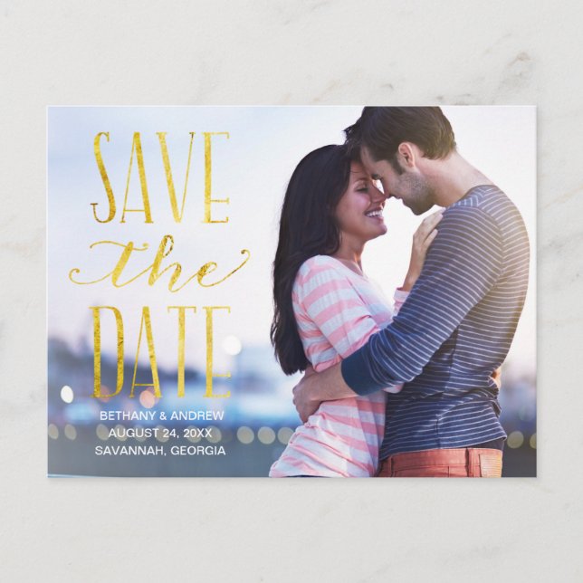Postal De Anuncios Foto Rustic Gold Lettering Save the Date (Anverso)
