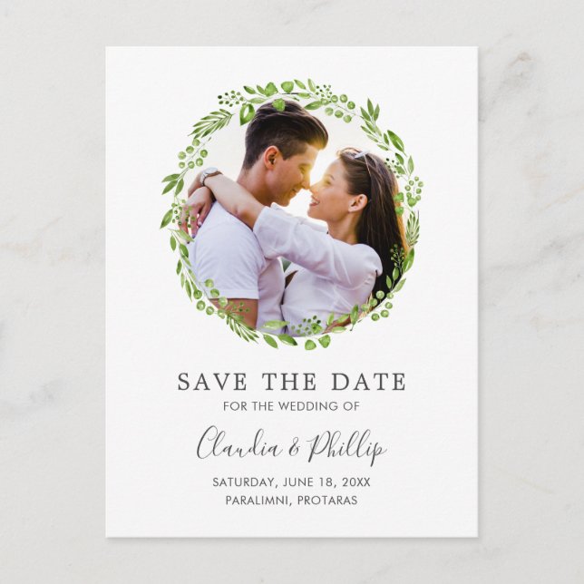 Postal De Anuncios Foto Rustic Olive Leaf Wreath Save the Date (Anverso)
