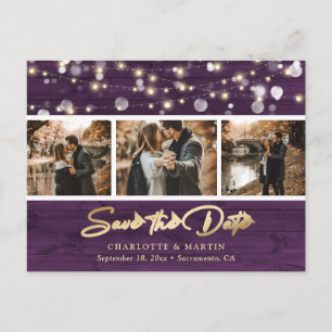 Postal De Anuncios Foto Rustic Purple Gold Boda Guardar la fecha