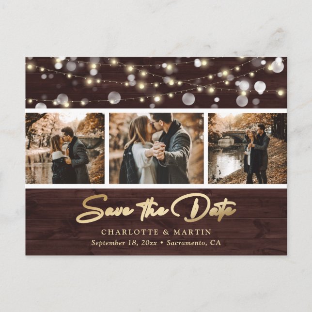 Postal De Anuncios Foto Rustic Wood Gold Boda Save The Date (Anverso)