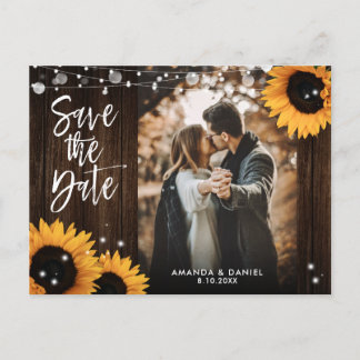 Postal De Anuncios Foto Rustic Wood Sunflower Boda Salva la fecha
