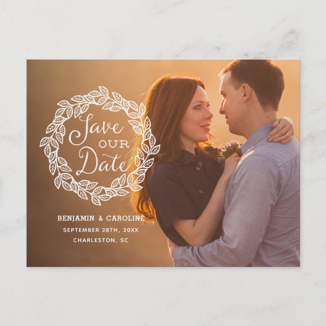 Postal De Anuncios Foto rustica de caligrafía Save the Date (Anverso)