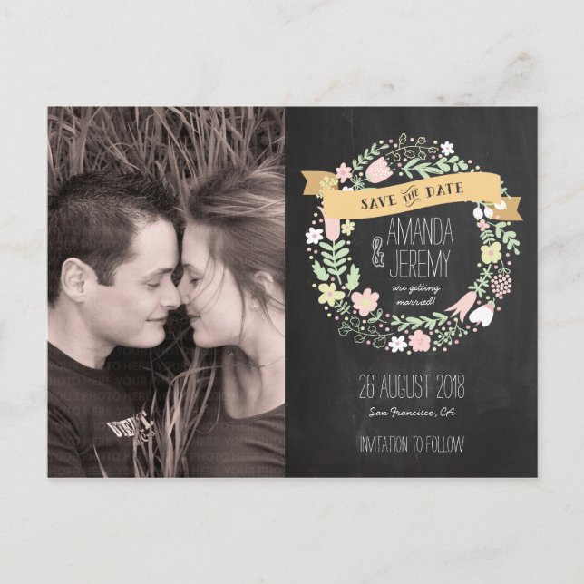 Postal De Anuncios Foto rustica del Boho Wreath Chalkboard Save the D (Anverso)