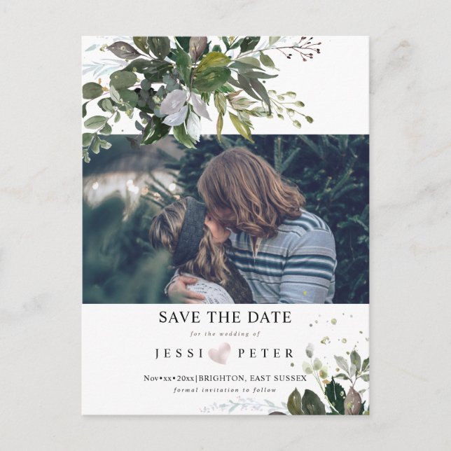 Postal De Anuncios Foto Save the Date, Boho Blue Gum Eucalyptus (Anverso)