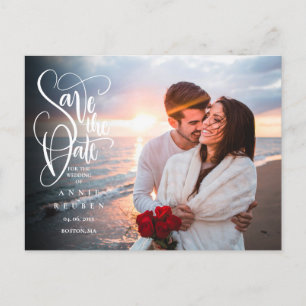 Postal De Anuncios Foto Save the Date Elegante Escritura Blanca Moder