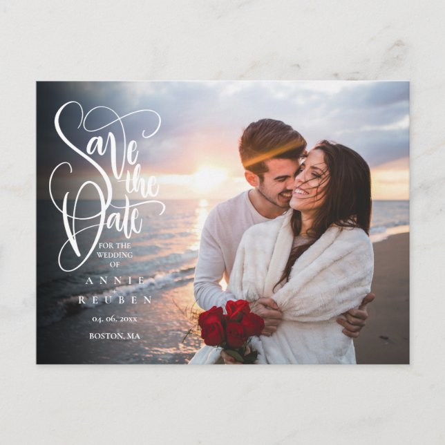 Postal De Anuncios Foto Save the Date Elegante Escritura Blanca Moder (Anverso)