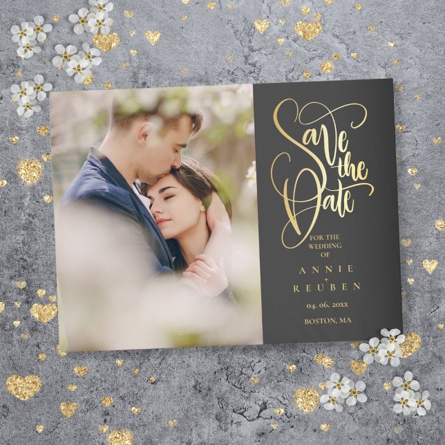 Postal De Anuncios Foto Save the Date Elegante Letra Dorada (Photo Save the Date Elegant Gold Script Announcement Postcard)