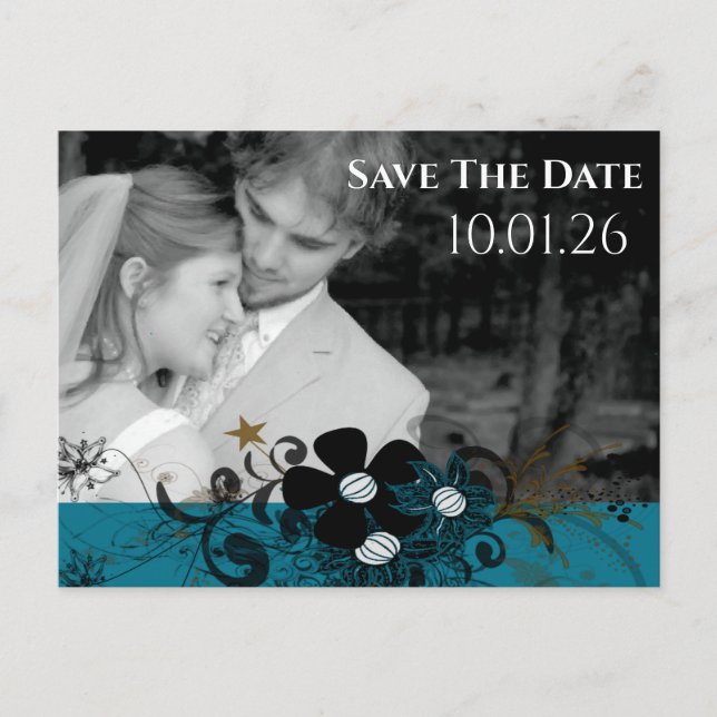 Postal De Anuncios Foto Save the Date Photo Verde azulado Blue (Anverso)