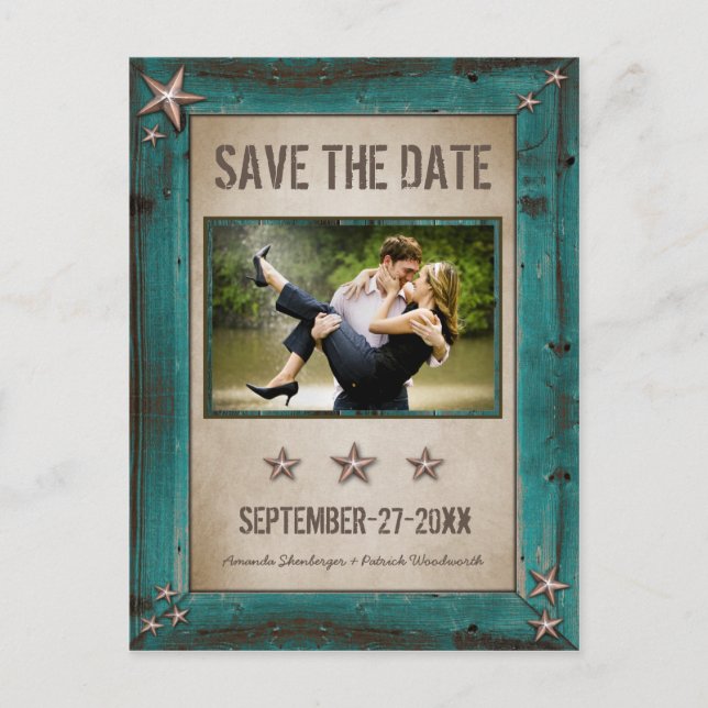 Postal De Anuncios Foto Turquoise Barn Wood Save The Date Cards (Anverso)