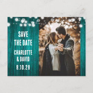 Postal De Anuncios Foto verde azulada del Boda de Madera Rústica Save