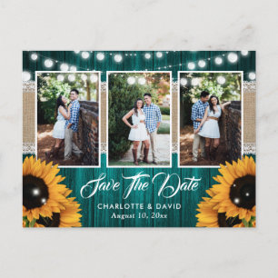 Postal De Anuncios Fotografía de boda con girasoles azules Guardar la