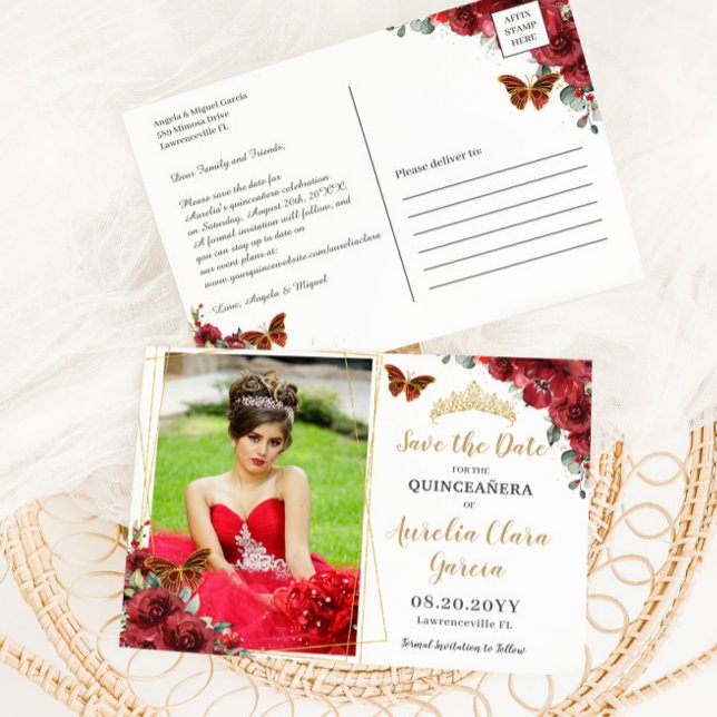 Postal De Anuncios Fotografía de Quinceañera Geométrica de Oro Floral (Subido por el creador)