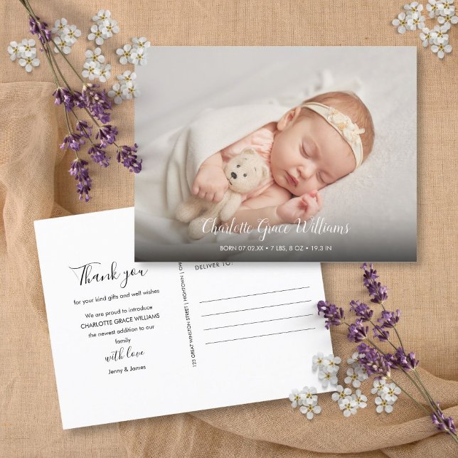 Postal De Anuncios Fotografía simple del bebé Gracias por el nacimien (Simple Baby Photo Thank You Elegant Script Birth Announcement Postcard)