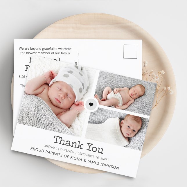 Postal De Anuncios Fotos de agradecimiento modernas en cuadrícula Col (Modern Thank You Photos Grid Collage Birth Announcement Postcard)