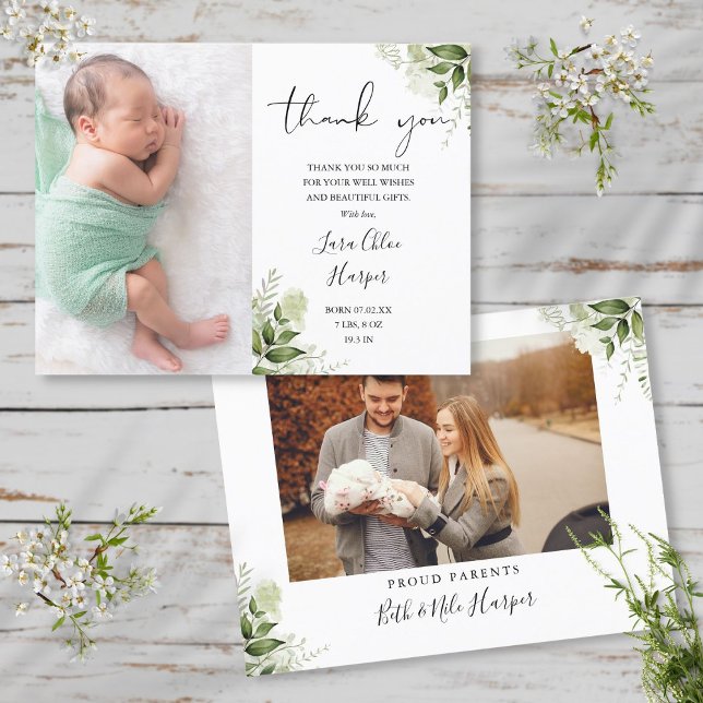 Postal De Anuncios Fotos de bebé 2 Verde floral agradecimiento Nacimi (Baby 2 Photos Greenery Floral Thank You Birth Announcement Postcard)