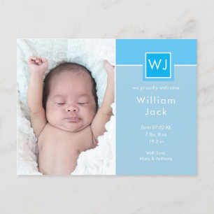 Postal De Anuncios Fotos de bebé niño azul elegante chic monograma na